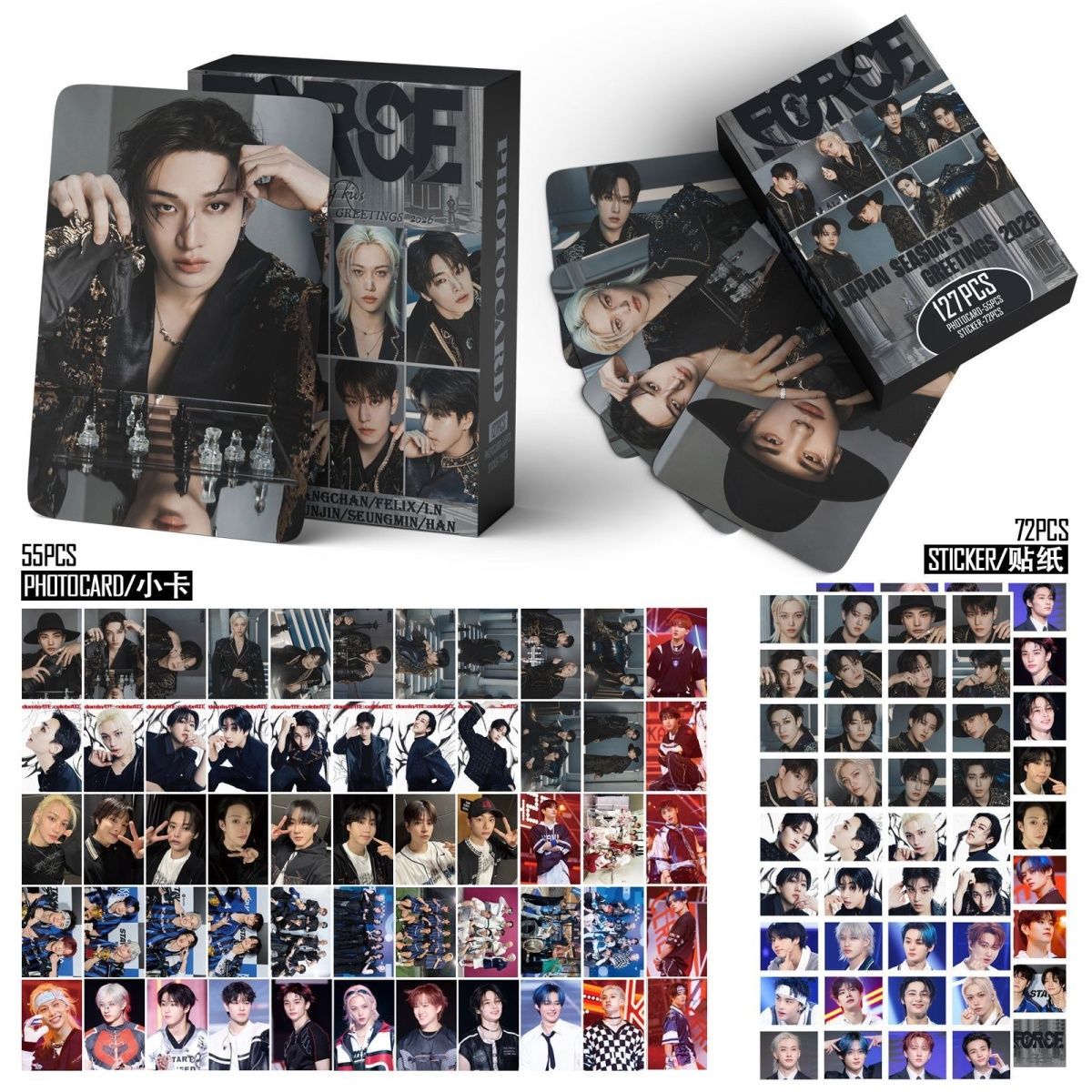 STRAY KIDS MERCH PHOTOCARDS 127 PCS SEASON GREETINGS 2026 (55 PHOTOCARDS + 72 STICKERS)